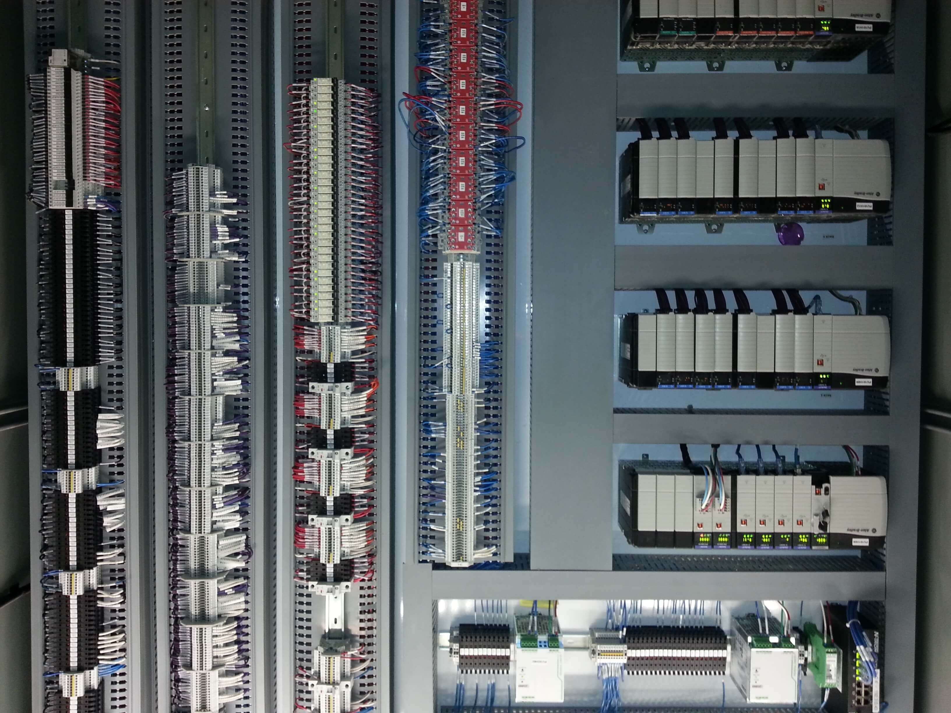 Industrial control panel with Allen-Bradley PLCs and wiring
